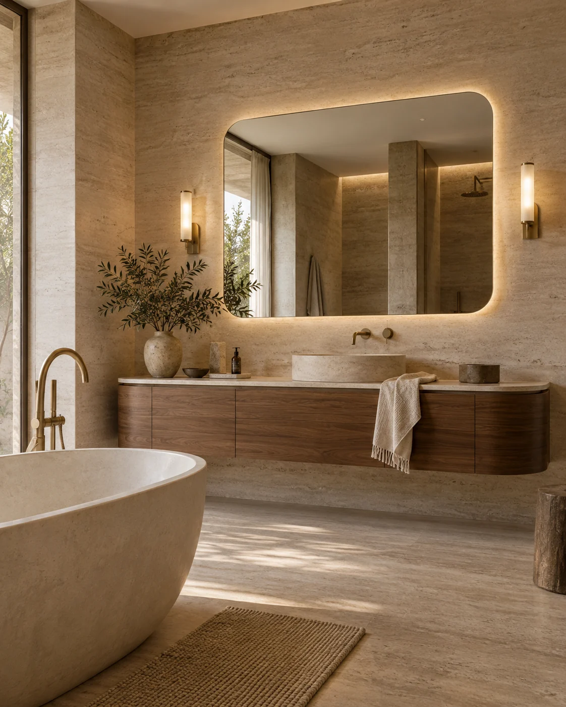 Bagno immaginario in travertino con specchio arrotondato e vasca curva