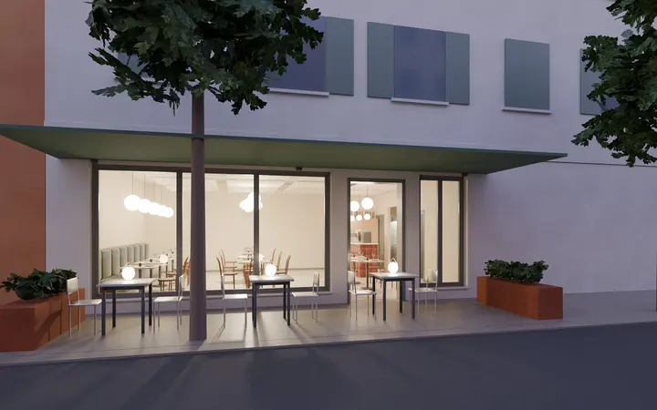 Bistrot Lume: shop front at dusk, render
