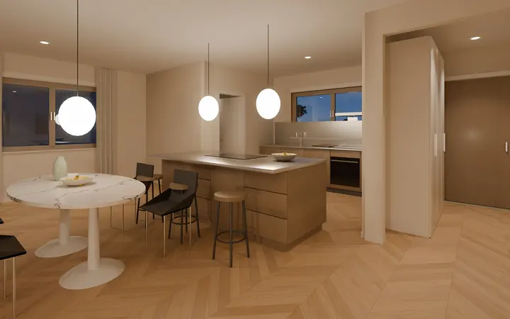 Casa Settanta: kitchen in the evening, render