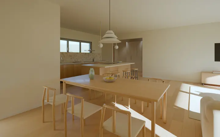 House among the Olive Trees: kitchen and dining, render