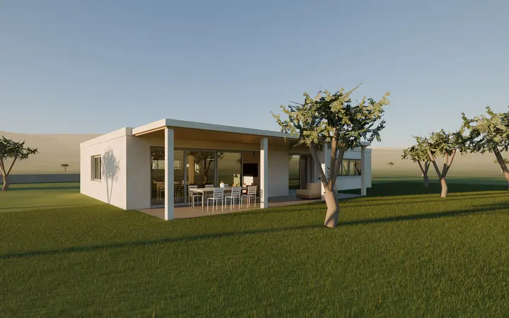 House among the Olive Trees: exterior at sunset, render