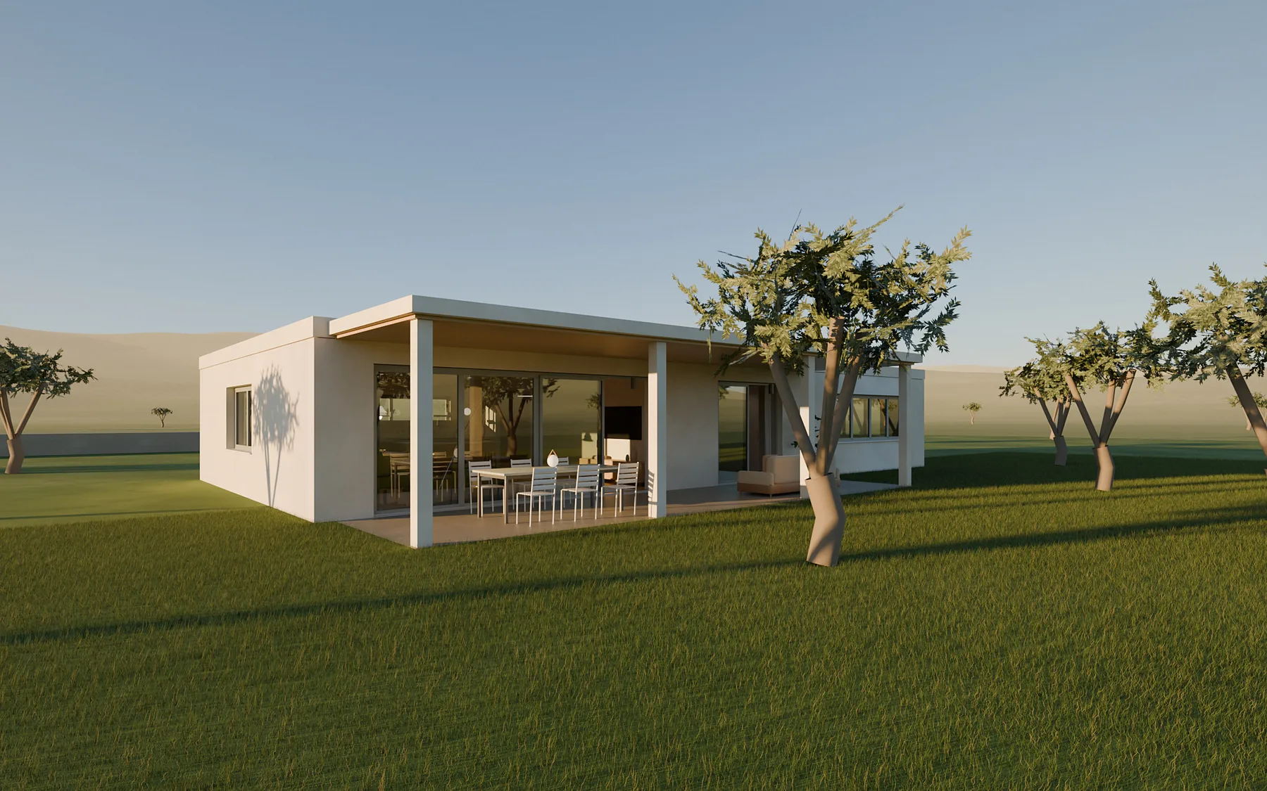 House among the Olive Trees: exterior at sunset, render