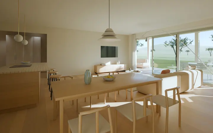 House among the Olive Trees: living area, render