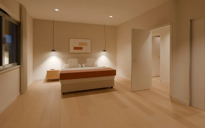 House among the Olive Trees: master suite in the evening, render